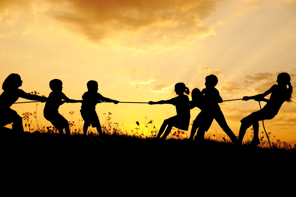 Silhouette, group of happy children playing on meadow, sunset, summertime