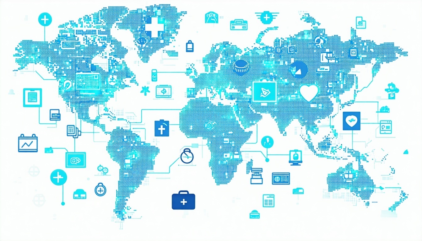 A global map with healthcare icons representing va
